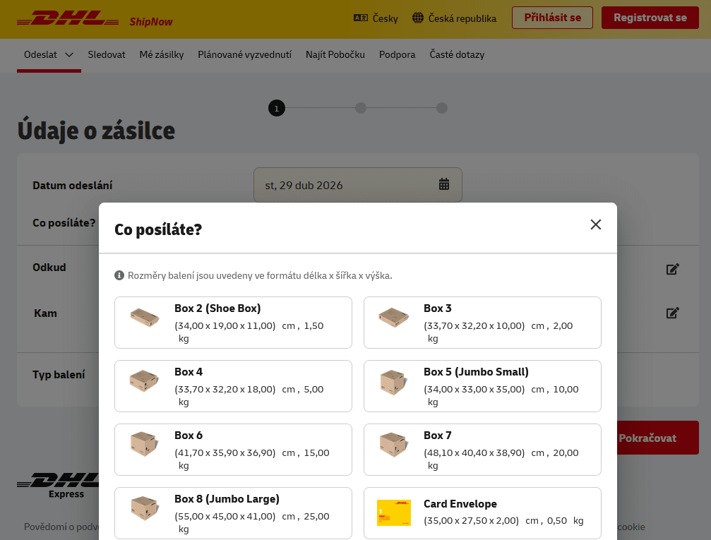 DHL ShipNow - výběr obalu