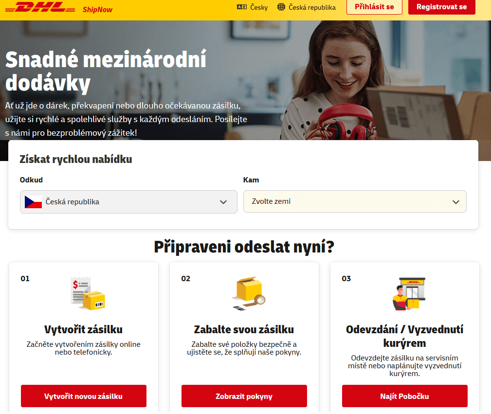 Náhled hlavní stránky DHL ShipNow